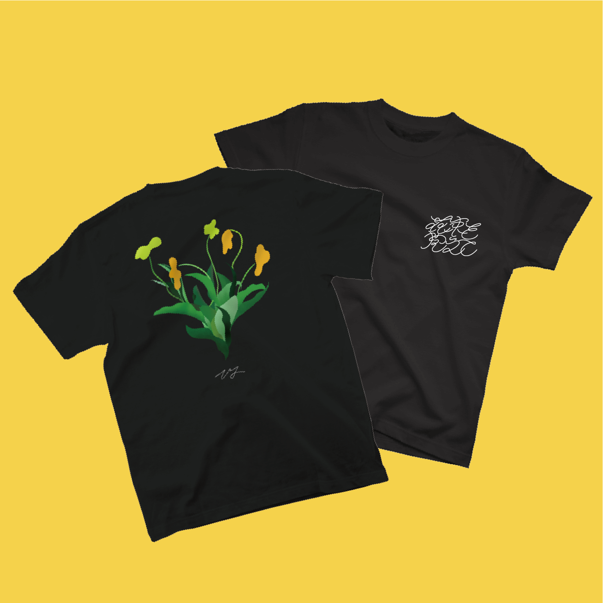 「花束を抱えてTシャツ」バックプリントに大きな花束が描かれたTシャツ！　胸にワンポイントでタイポが入っています！