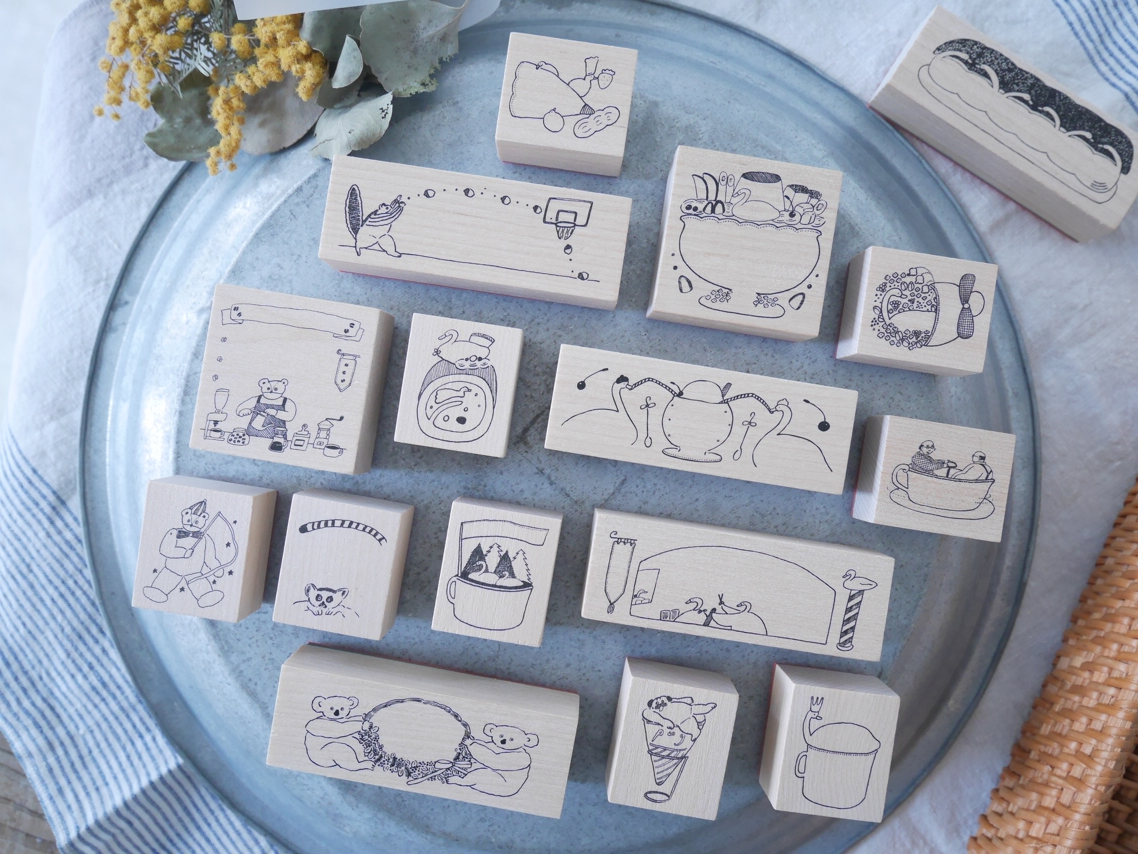 トビマツショウイチロウ　木製ゴムスタンプセット クマ・ケーキ・スワン・インク