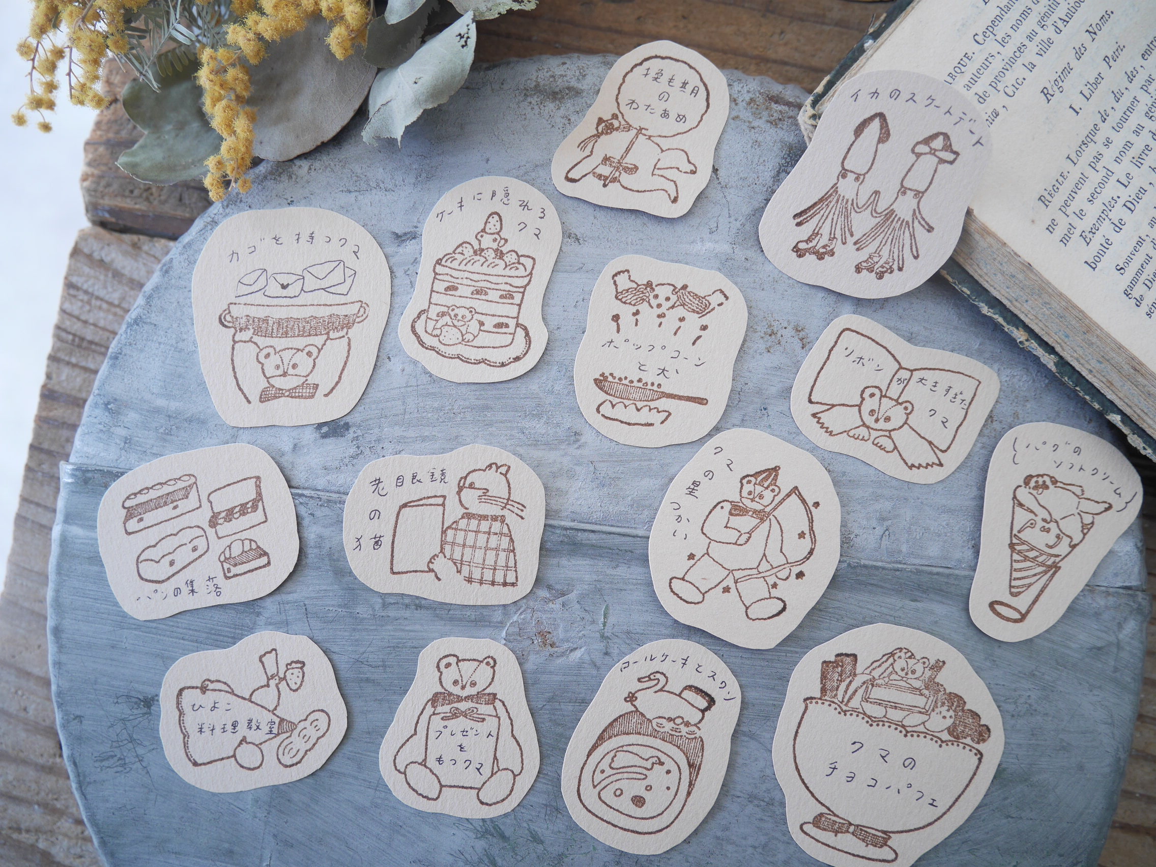 トビマツショウイチロウ　木製ゴムスタンプセット クマ・ケーキ・スワン・インク
