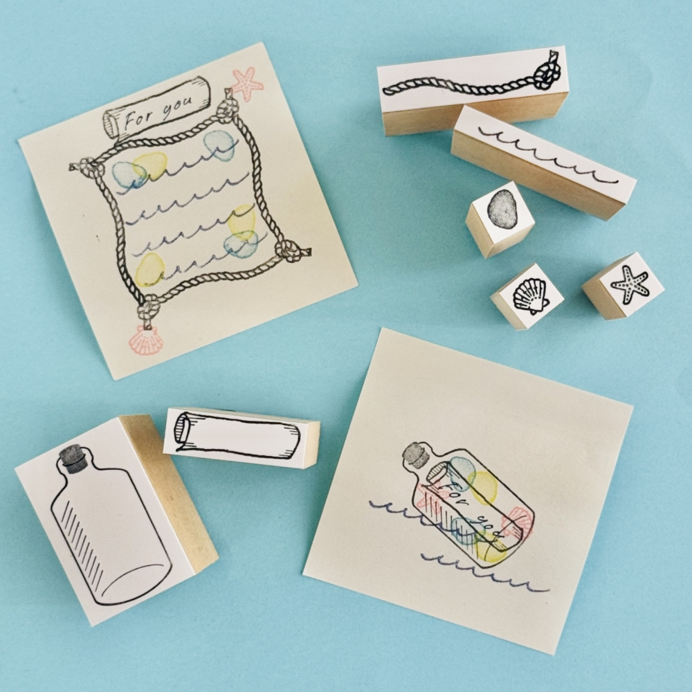 「海-new-marine-stamps-」ボトルに入った手紙や、波が運んできた小さな宝物、ロープで描く海の世界。スタンプで広がる、小さな物語を楽しんで。