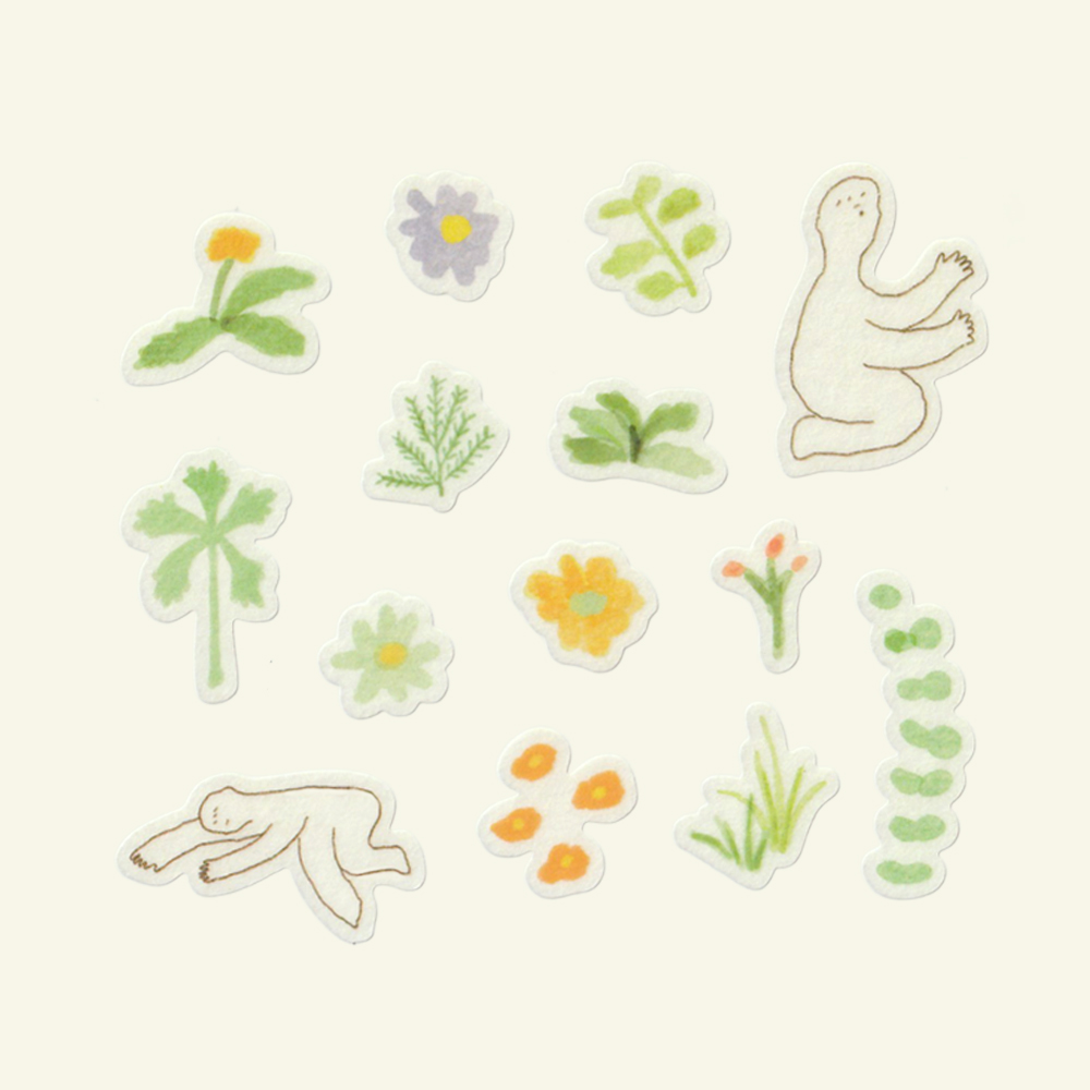 「野の草マスキングステッカー」草や花、人のイラストを描いた、穏やかな雰囲気のステッカーです。裏面が少し透ける、マスキングペーパー素材を使用しています。