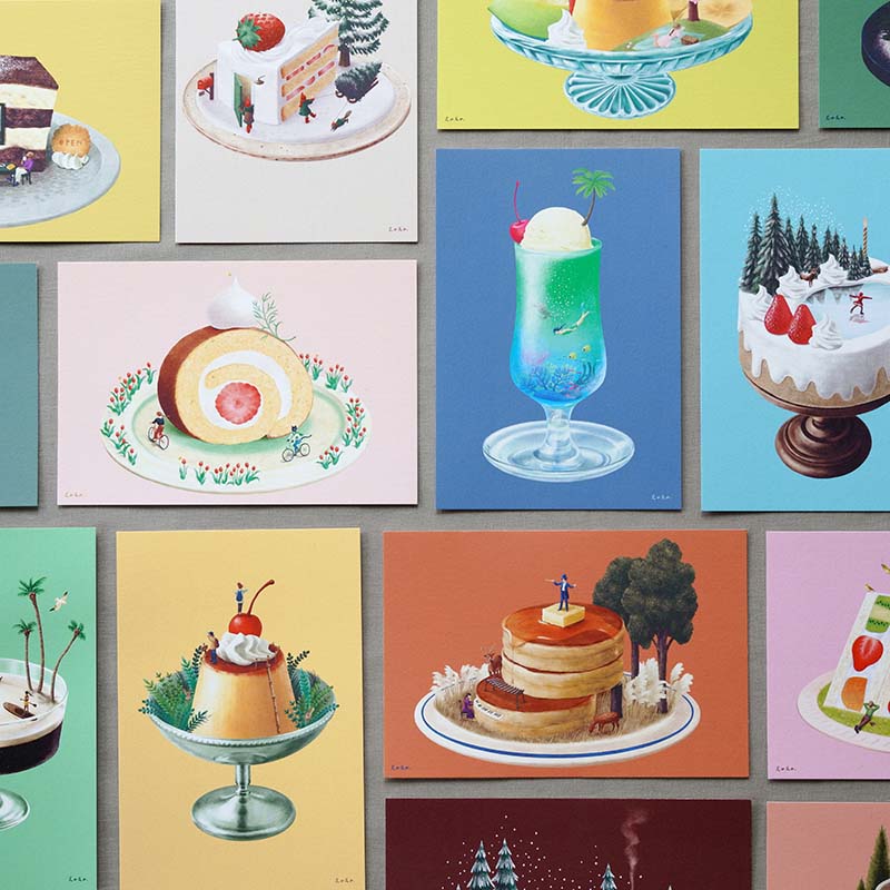 「甘い毎日ポストカード」スイーツの中に季節の風景を描いたポストカード。季節のお便りに、スイーツ好きなあの子に送ったり、インテリアとして飾っても。