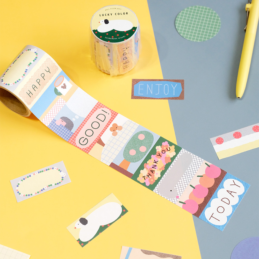 「ロールふせんpetit-LUCKY COLOR-」15種類の柄が楽しめるロールふせん。イラストの他にも、文字がかかれたラベルも混ざっているので、手帳デコやプチギフトなどにもおすすめです。