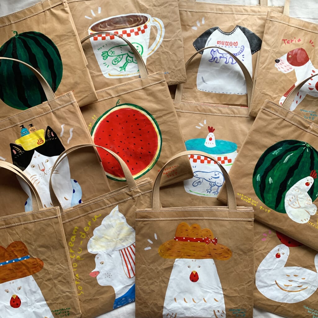 「米袋バッグに絵を描いたkometote」1枚1枚手描きで絵を描いたkometote。一点ものなので、お気に入りを是非お探しくださいね。
