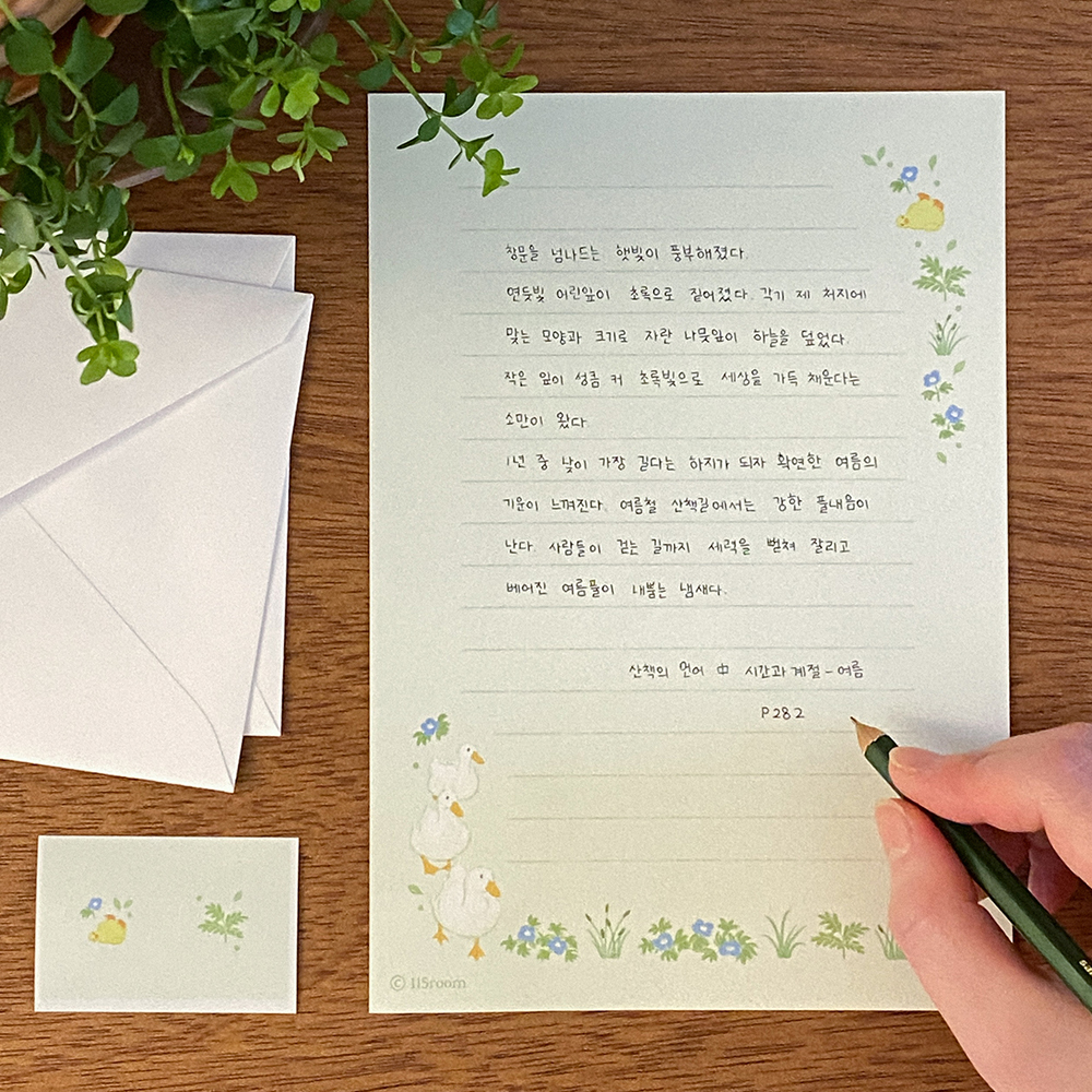 「私の夏の手紙set ( アヒルと花 )」 心をぎゅっと押し込めるA5サイズの手紙setです。