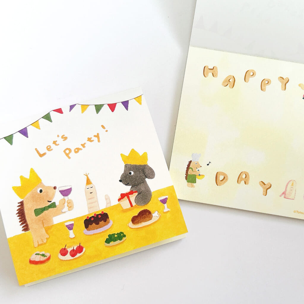 「Let’s party memo」ミミズがパーティーを開いてもらっているハッピーなメモです。ちょっとしたメッセージを添えるのにぴったりです！