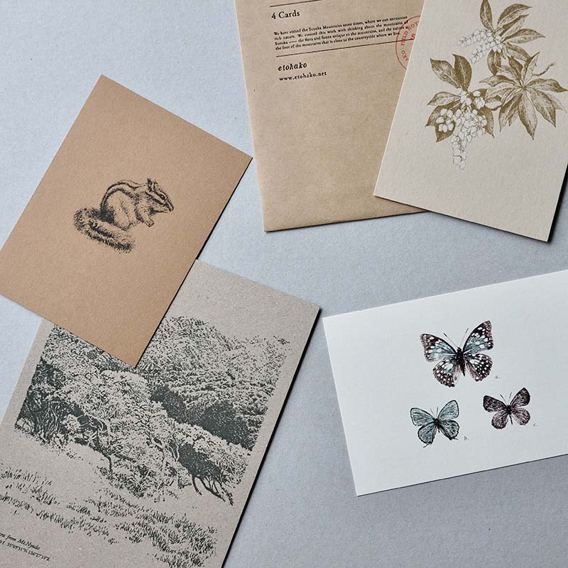 「postcard set」鈴鹿山脈とその周辺の自然を描いたカードセットを4柄1セットで販売。飾ったり送ったりお土産物にもどうぞ。
