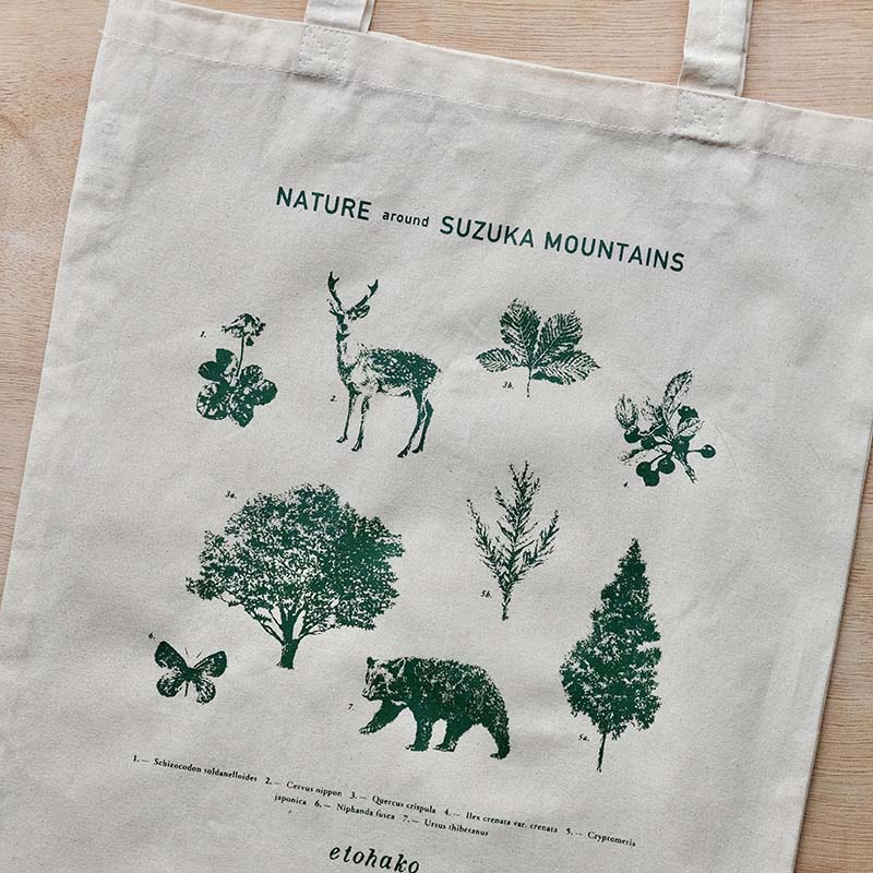 「totebag」鈴鹿山脈とその周辺の自然を描いたコットンバッグ。鈴鹿山脈のお土産品をイメージしました。旅に、お買い物に、図書館に。日常のお供にどうぞ。