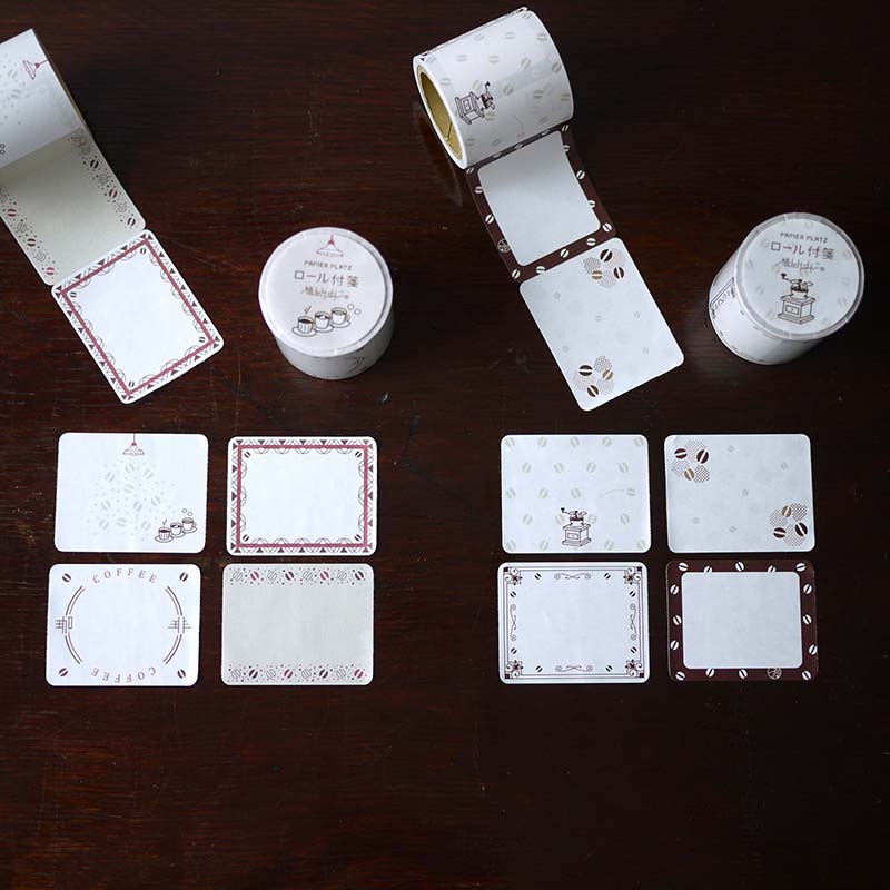 「カフェ柄のロール付箋」1巻に4柄が入った全面のりの付箋は実用使い、手帳デコにもおすすめです！