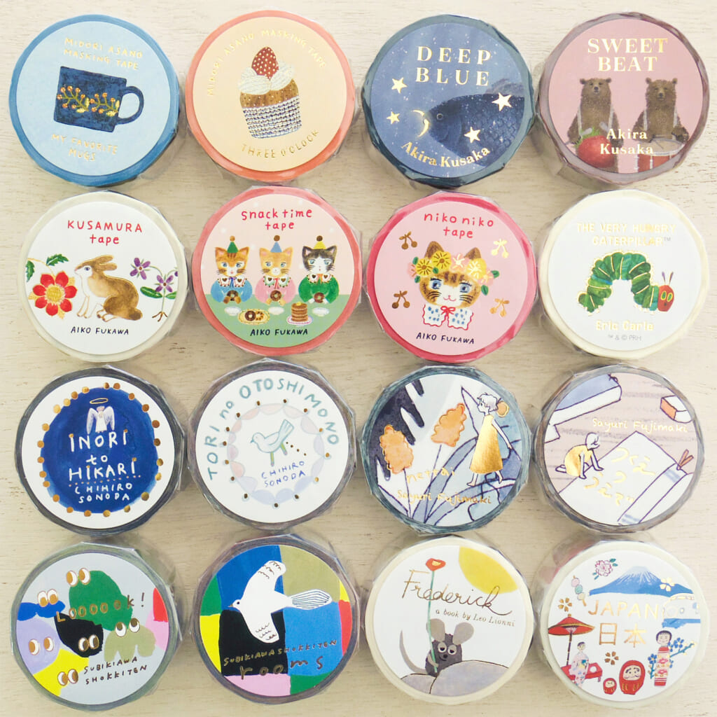 「新作の箔押しマスキングテープ」作家さんのかわいいイラストに、金の箔押しがキラリ。お手紙や手帳デコ・ラッピングに大活躍しますよ！