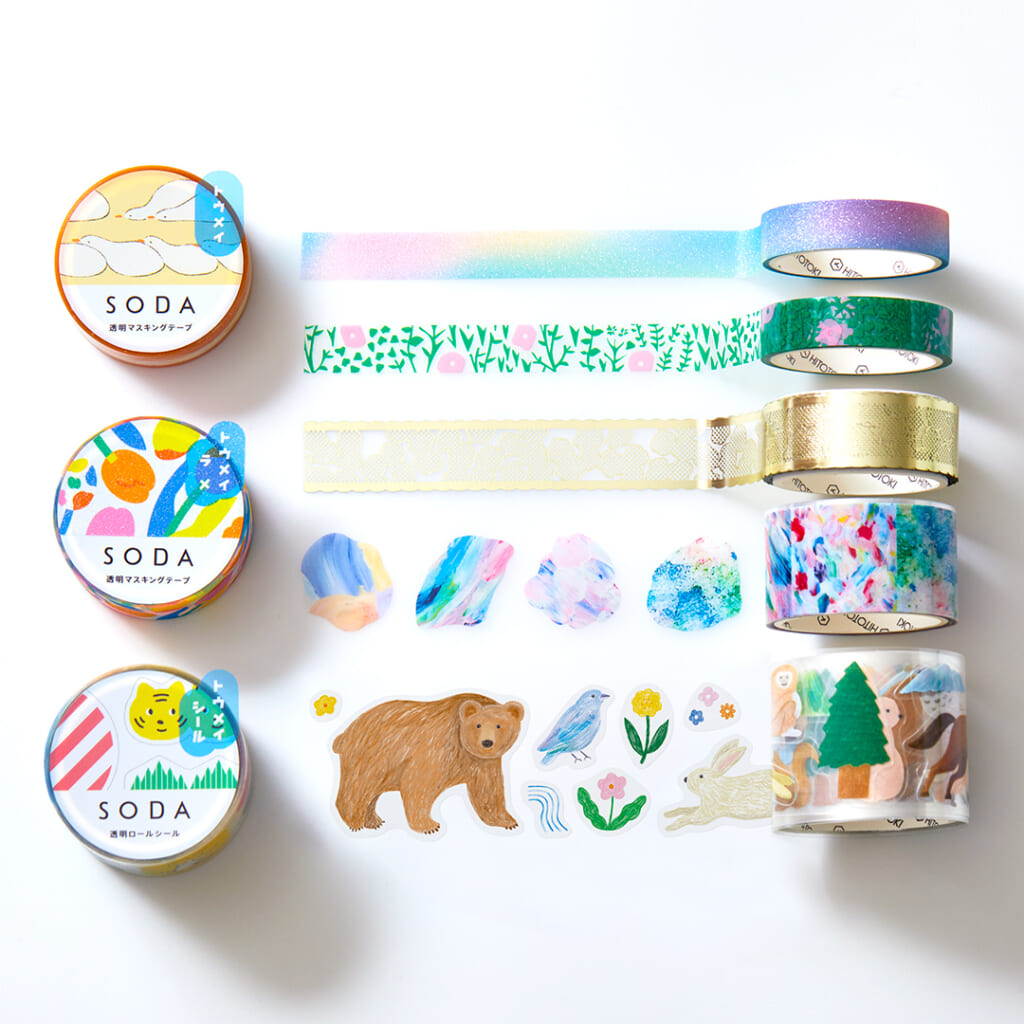 「SODA」フィルム素材でやわらかい貼りごこちの透明マスキングテープです。手帳やラッピングはもちろんガラスやアクリルに貼っても透明感を楽しめます。