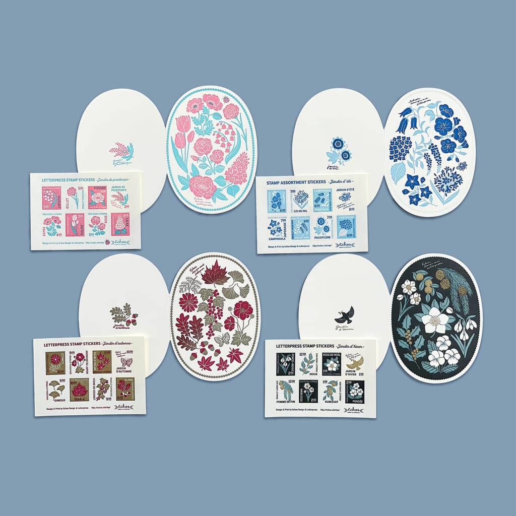 「Garden Card&Sticker」季節の庭をデザインした型抜きカードと切手風シール。半透明の封筒から透けて見えるのでコラージュしたり楽しめるセットです。