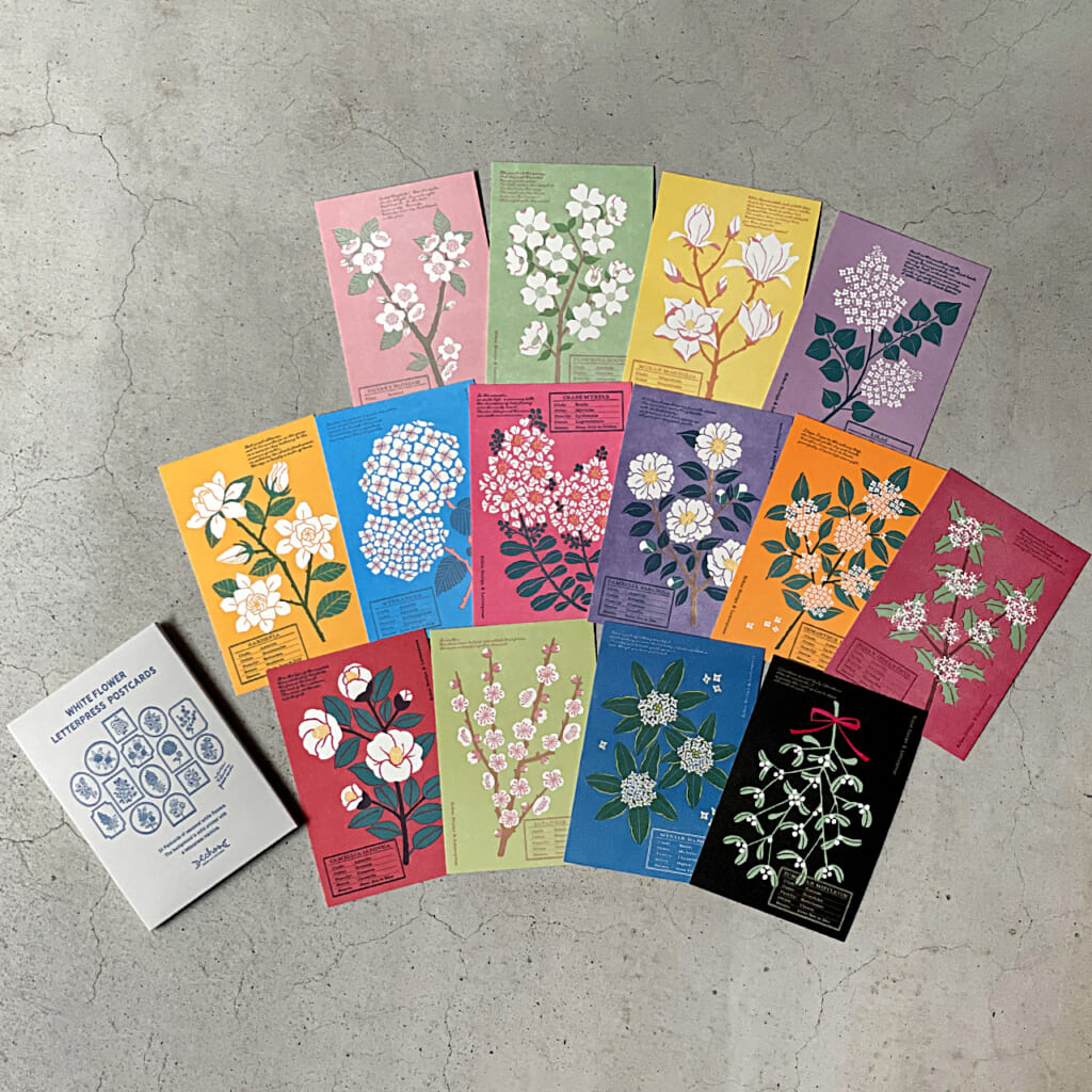 「White Flower Postcard」季節の白い花を活版印刷では珍しいベタ刷りで表現したポストカードシリーズ。季節ごとに飾るのもオススメです。