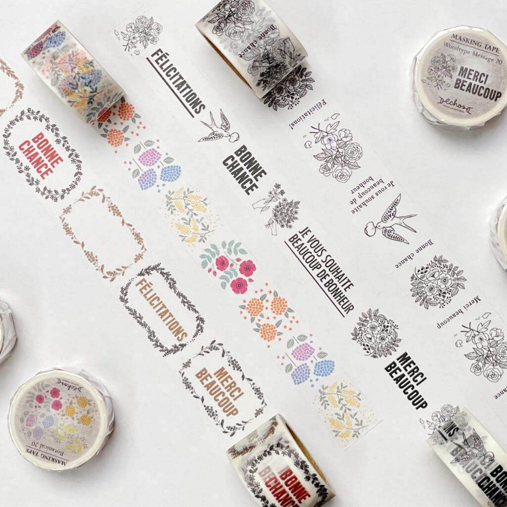 「Echos Masking Tape」Echosの人気のイラストをマスキングテープにしました。木活字で印刷されたフランス語のメッセージにも注目してみてください。
