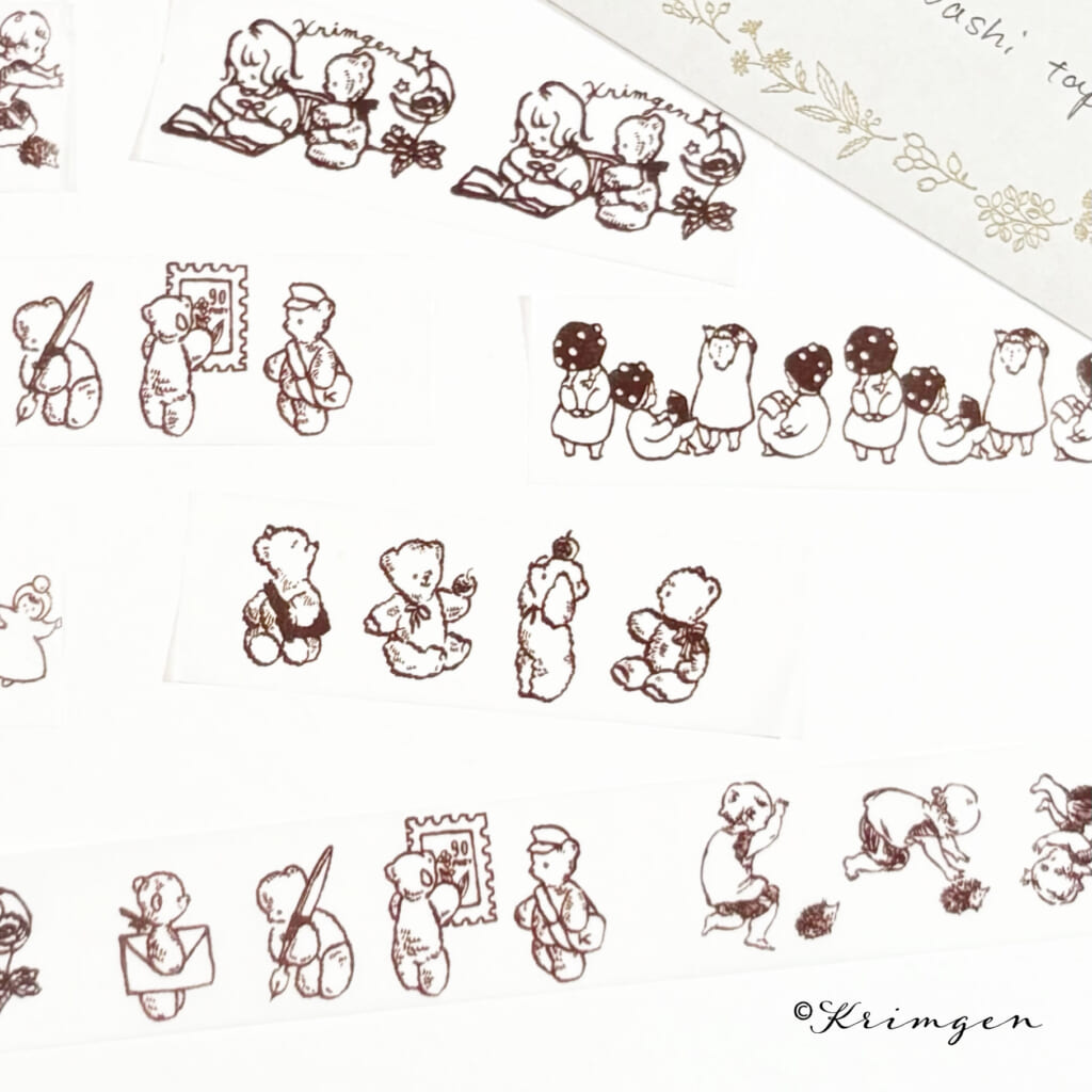ミシン目の入ったマスキングテープ。6種類の絵柄を一巻きでお楽しみにいただけます。