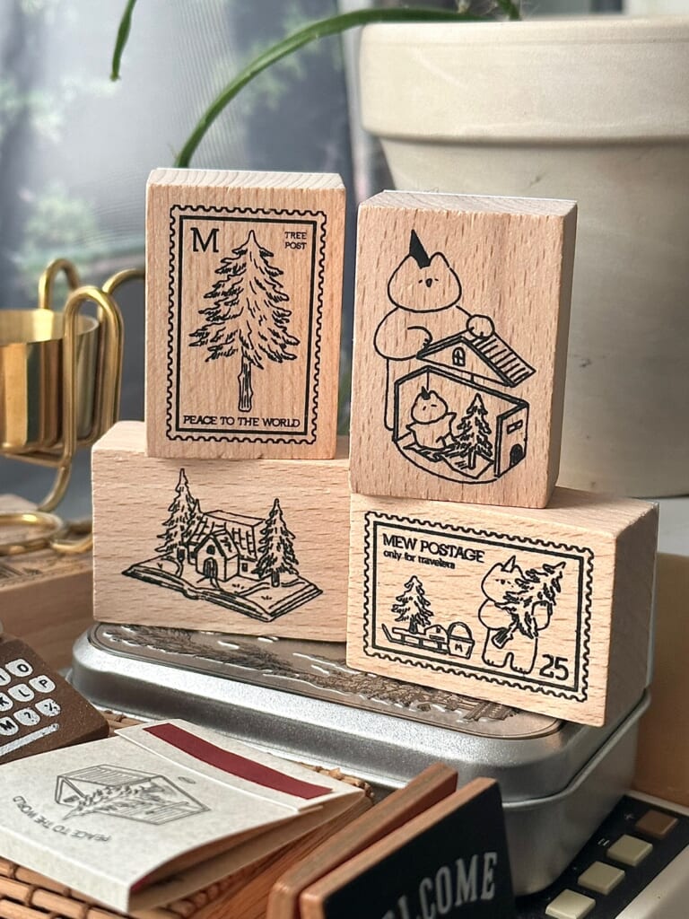 「vintage wood stamp」シンプルなスタンプでヴィンテージカードを作るためのツリーデザイン