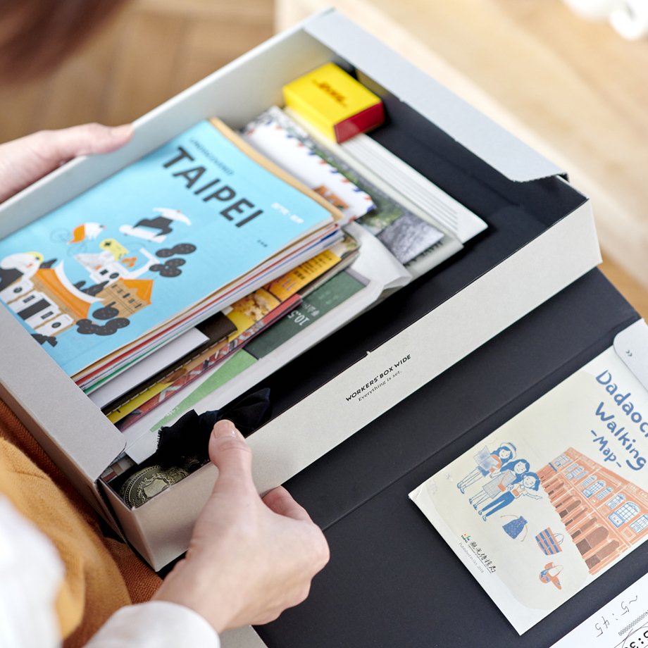「WORKERS’BOX WIDE」紙博でゲットした小物を詰めて購入品ボックスに。