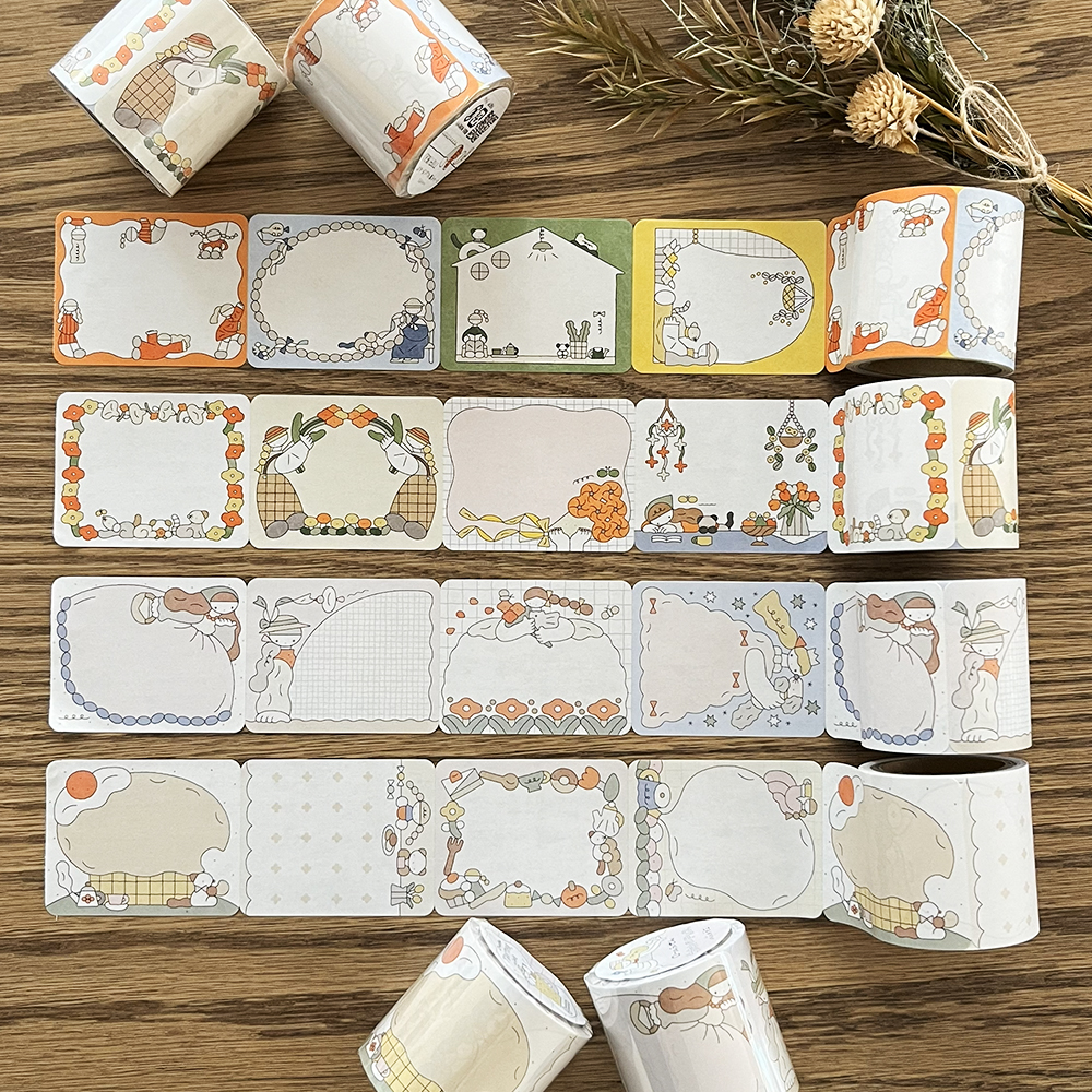 「オリジナルロールふせん」ミシン目で切り取って使えます。お花、スイーツ、女の子など……。使うと気分の上がるモチーフをたくさん詰め込みました！