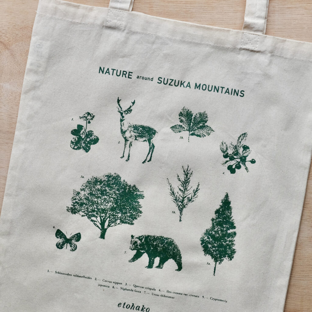 「totebag」鈴鹿山脈とその周辺の自然を描いたコットンバッグ。鈴鹿山脈のお土産品をイメージしました。旅に、お買い物に、図書館に。日常のお供にどうぞ。
