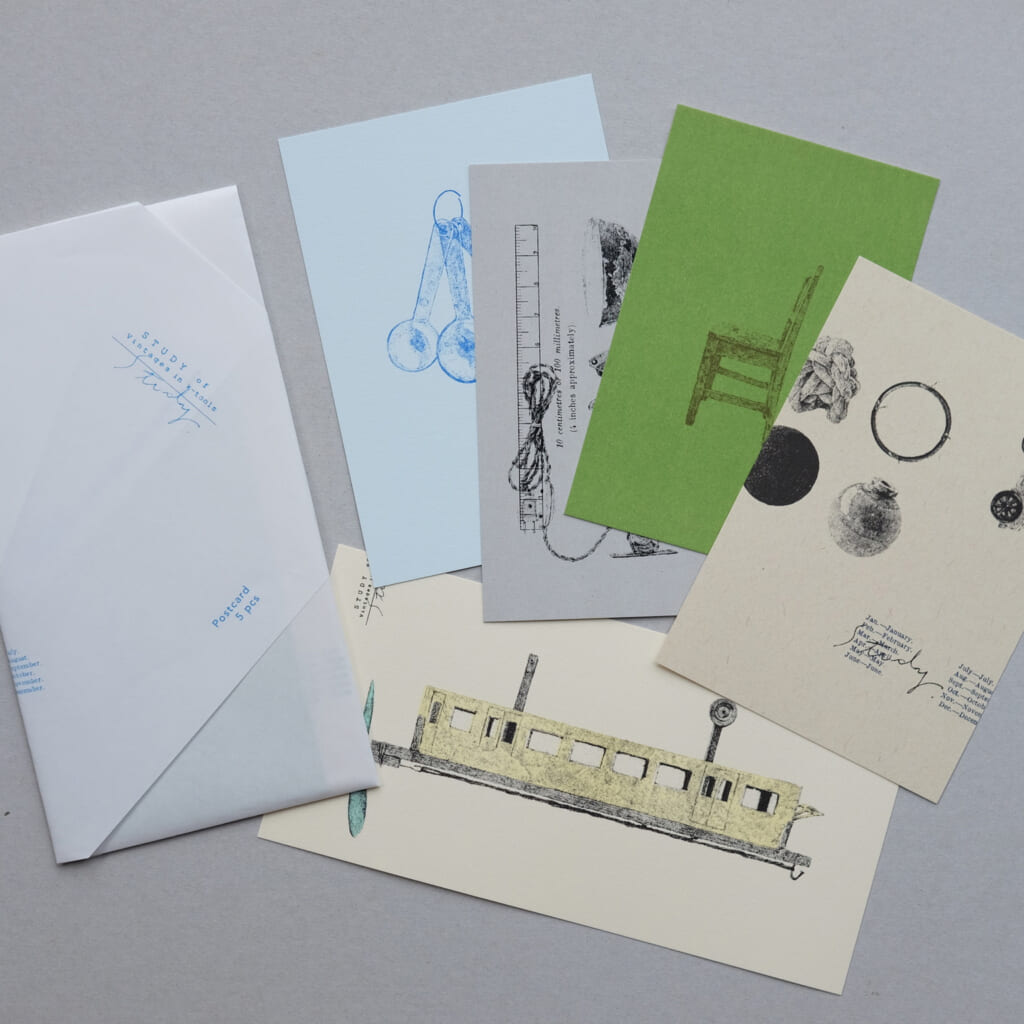 「postcard set」カレンダーと同じくk-toolsの品々をモチーフに描いたカード5柄のセットです。外国の古いお土産品のようなイメージでデザインしました。