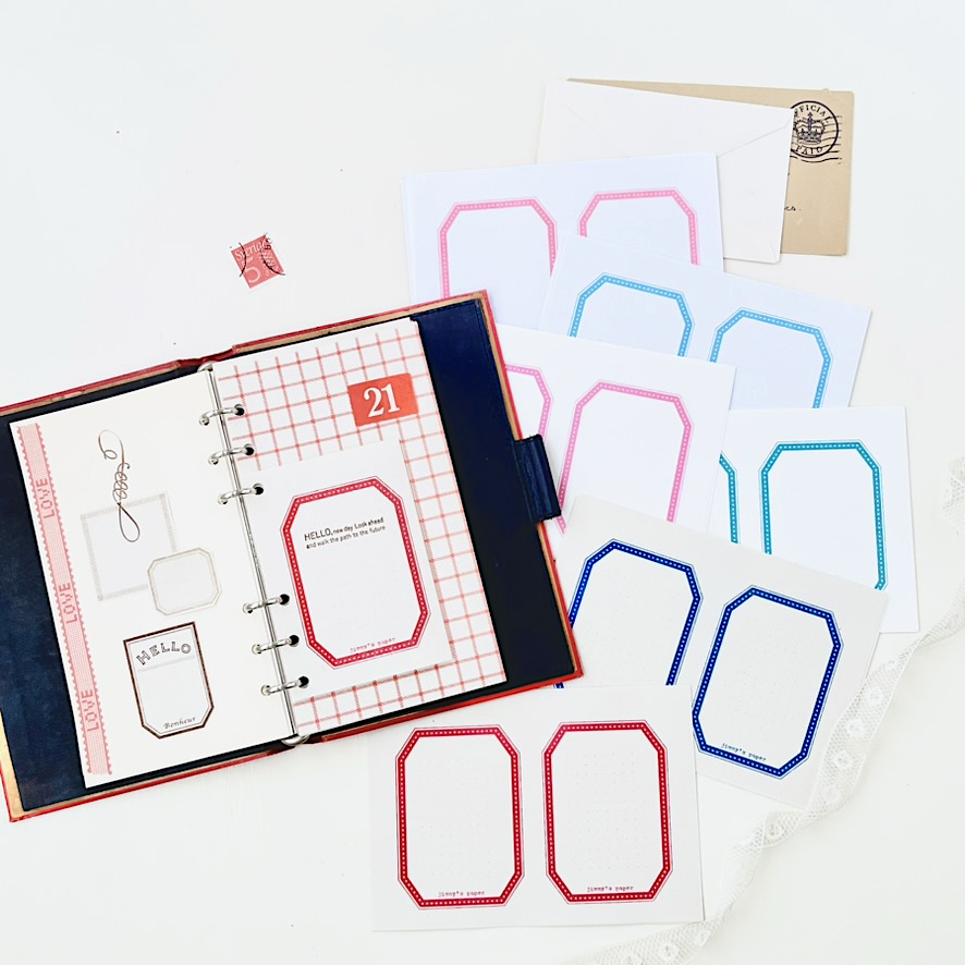 「A6サイズのミニ便箋」フレームの大きさやレイアウトを調整してシステム手帳でも使えるようにしました。ジャンルレスな使い方をお楽しみくださいね。