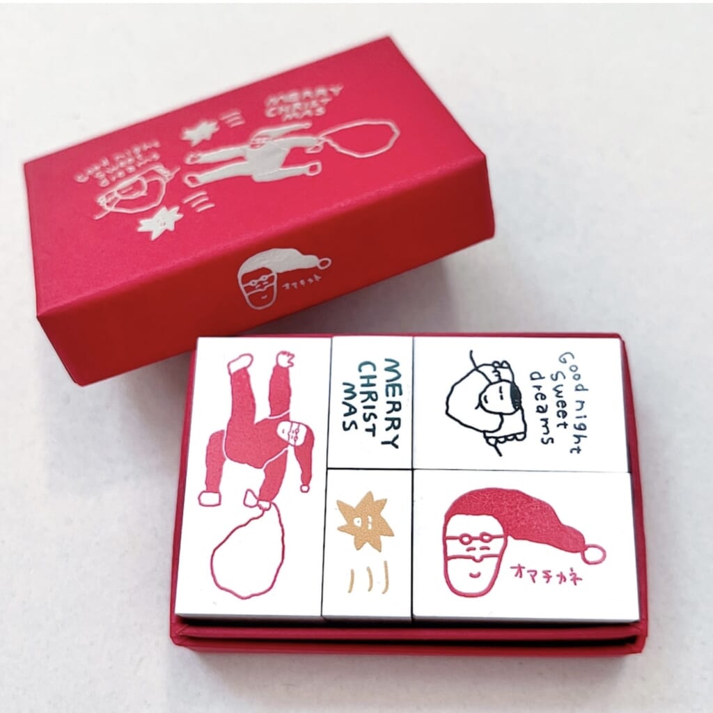 クリスマススタンプセット2025です。5種類のはんこをジャストサイズの貼り箱にぎゅぎゅっと詰め込みました。