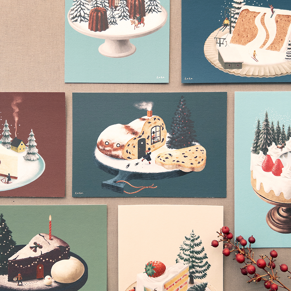 「甘い毎日ポストカード」スイーツの中に季節の風景を描いたポストカード。季節のお便りに、スイーツ好きなあの子に送ったり、インテリアとして飾っても。