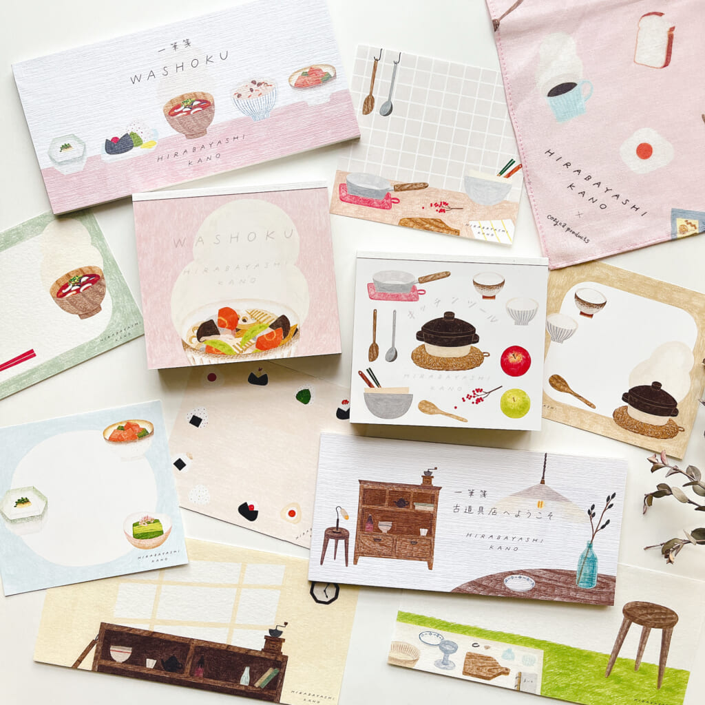 〈新作先行発売〉平林香乃さんと初コラボ！　かわいい紙ものとハンカチができあがりました。