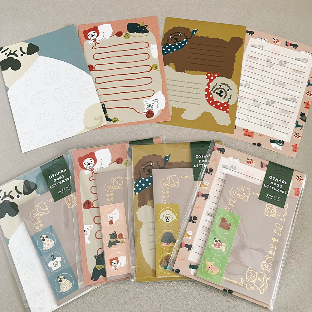「おしゃれドッグシリーズレターセット」おしゃれをした犬たちのレターセットシリーズ。高級感のある箔押し封筒が可愛いアイテム。税込770円。