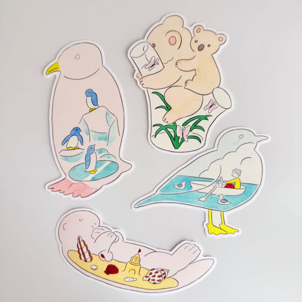 「ダイカットカード」ポストカードサイズほどのイラストカード。便箋として使ったり、透明な額に入れて飾ったり。