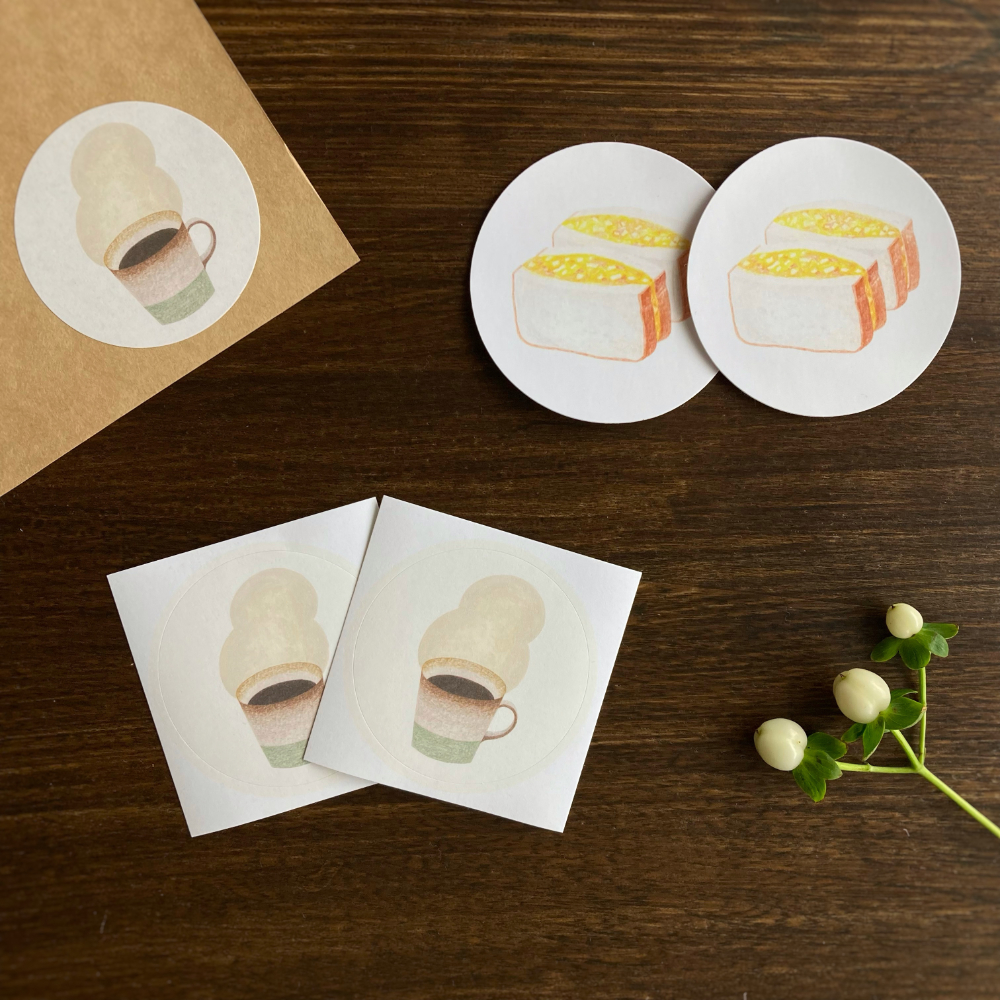 「ステッカー」屋外OKのたまごサンドはトランクや車にも。上質紙のコーヒーはノートなどにおすすめです！