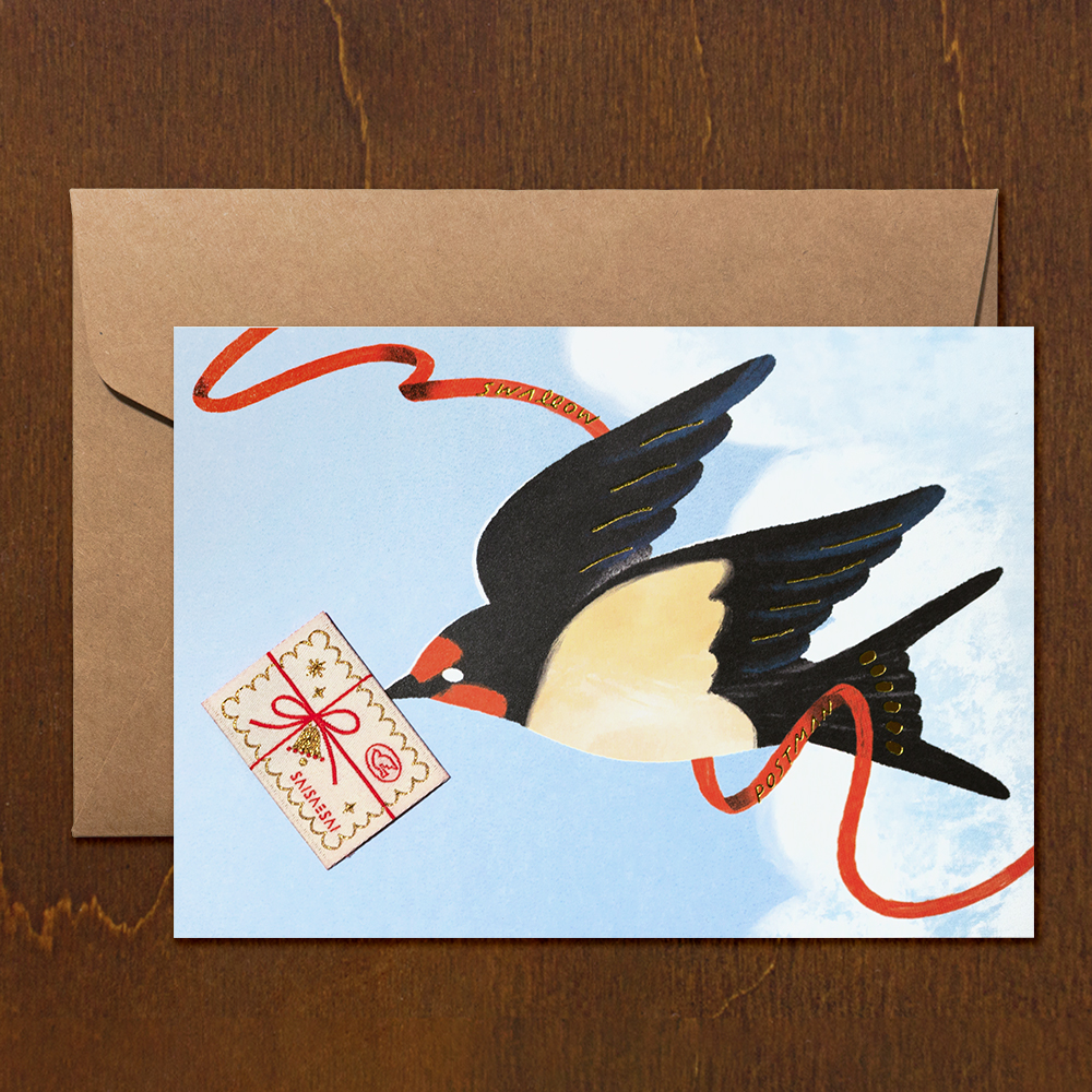 「ツバメの郵便屋さん織りラベルポストカード」織りラベルが着いてる特別なポストカードです。