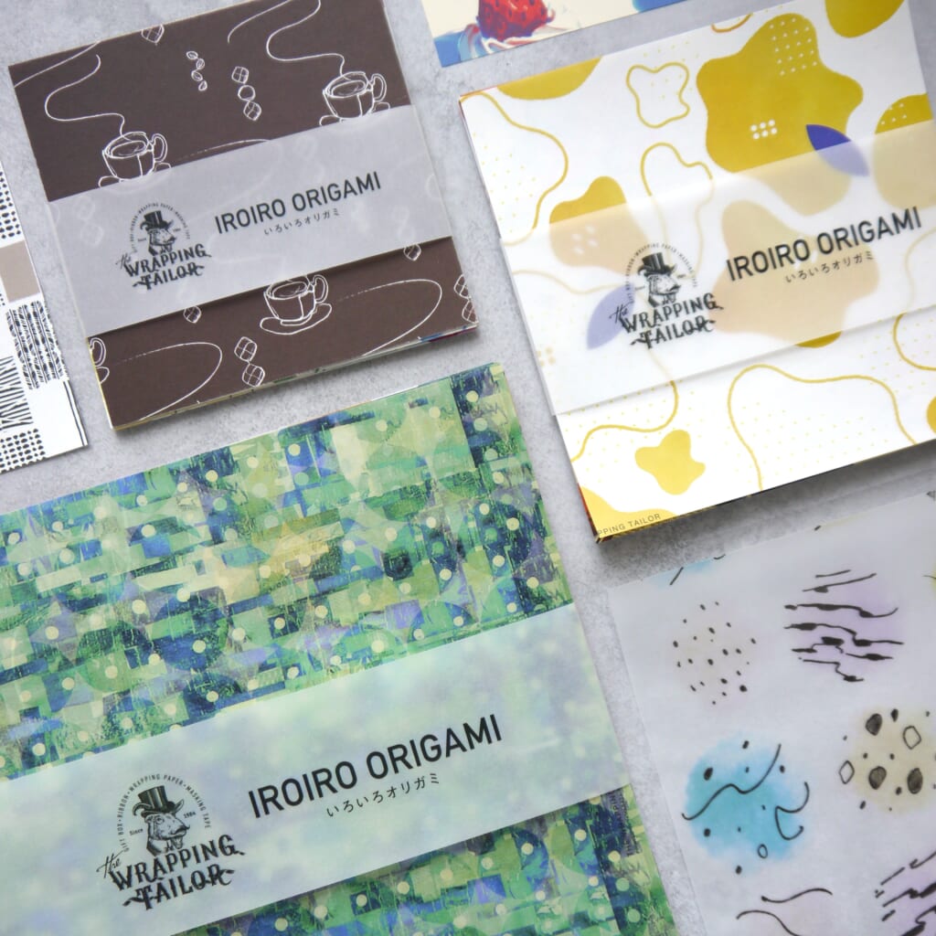 「オリガミ」ラッピングペーパーを折り紙サイズにカット。さまざまな種類の紙を使用しているので、質感を楽しんでください。