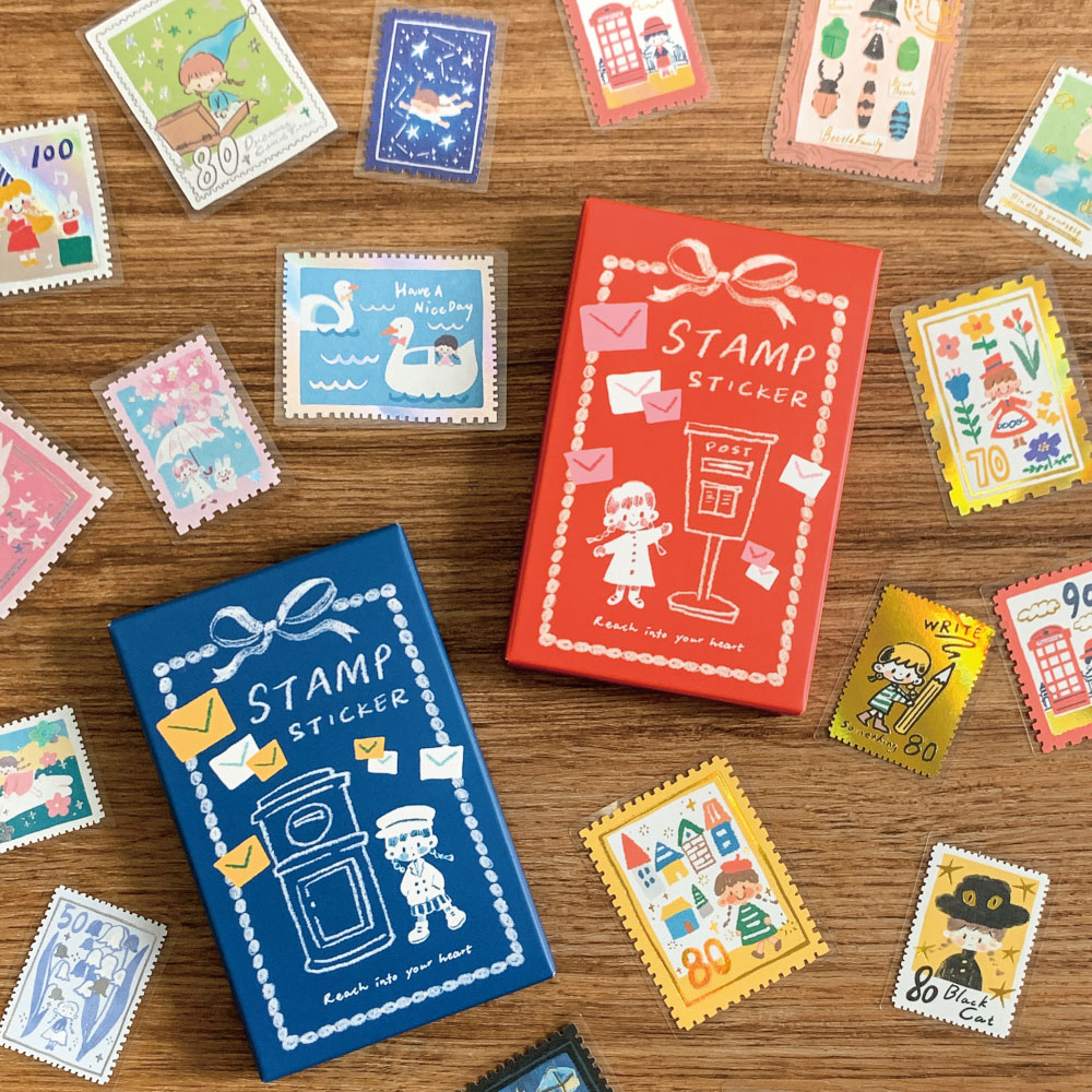 「金銀箔切手型シール」切手のようなデザインに金箔と銀箔のホットスタンプ加工を施し、画面を生き生きとさせます。