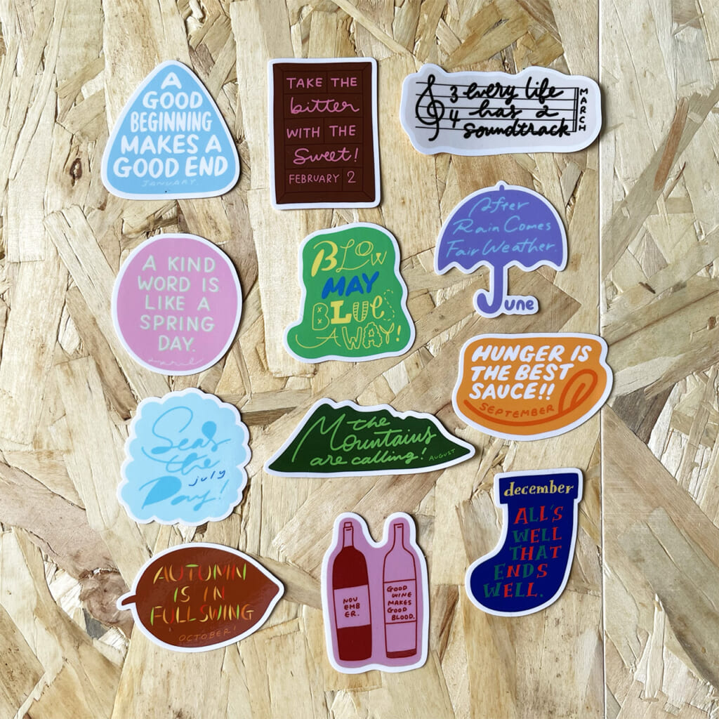 「12months ステッカー」全部で12ヶ月分！ その月にまつわる言葉を描いたステッカーです。