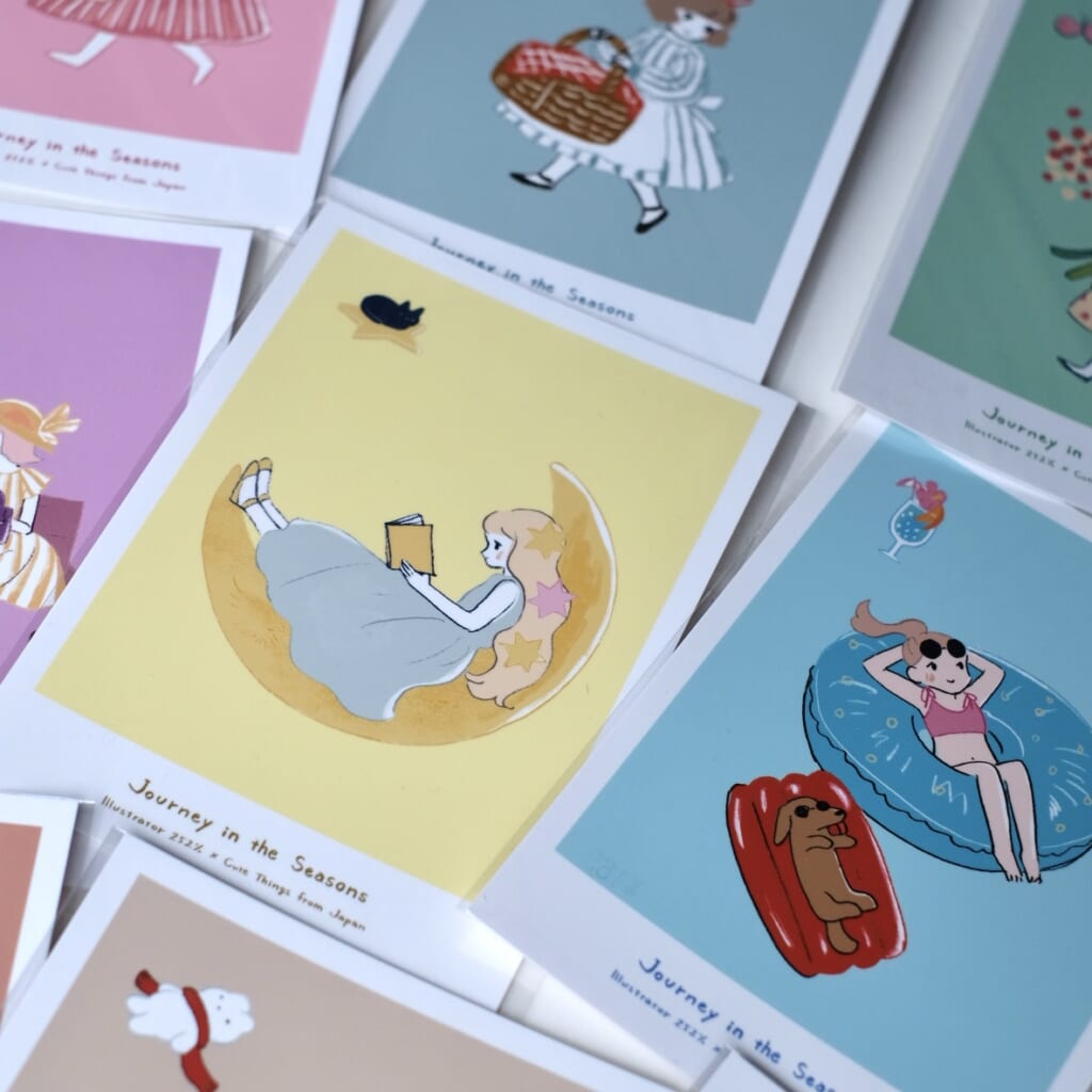 「12種類のポストカード」季節のめぐりをテーマに女の子と12種類の季節のモチーフを描きました。