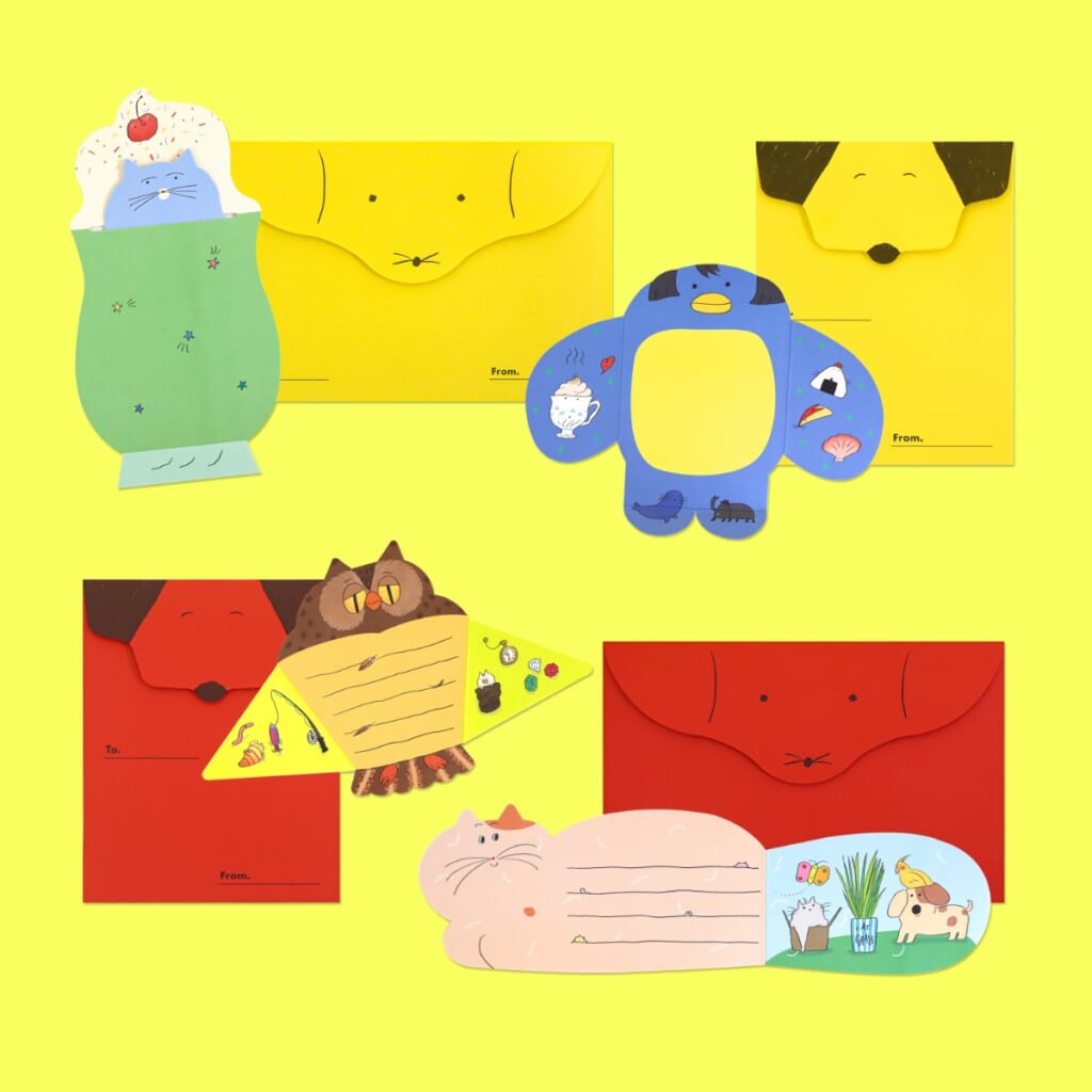 「AnimalFriendsCardSet」フクロウ, ソーダキャット, ペンギン, 王様しっぽの猫 4種類のカード。動物それぞれにかわいい物語があります。