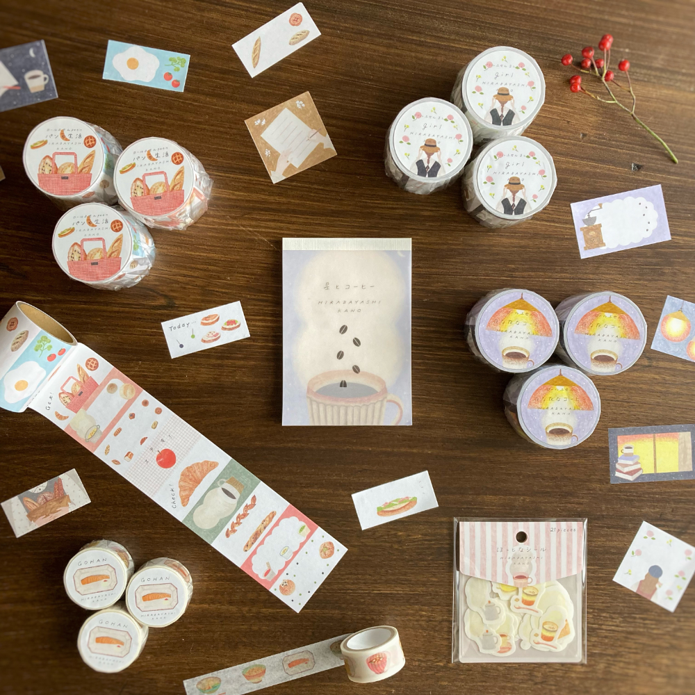 「手紙社オリジナルグッズ」おなじみのロールふせん、メモパッド、マスキングテープ、フレークシールをお持ちします！