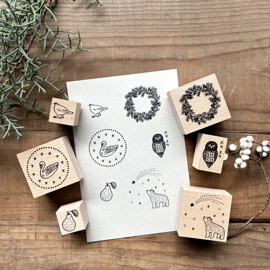 「Newはんこ」ライチョウ・リース・ハクチョウ・ホウホウふくろう・洋梨・星を見るくま。６種類を新たに追加しました。