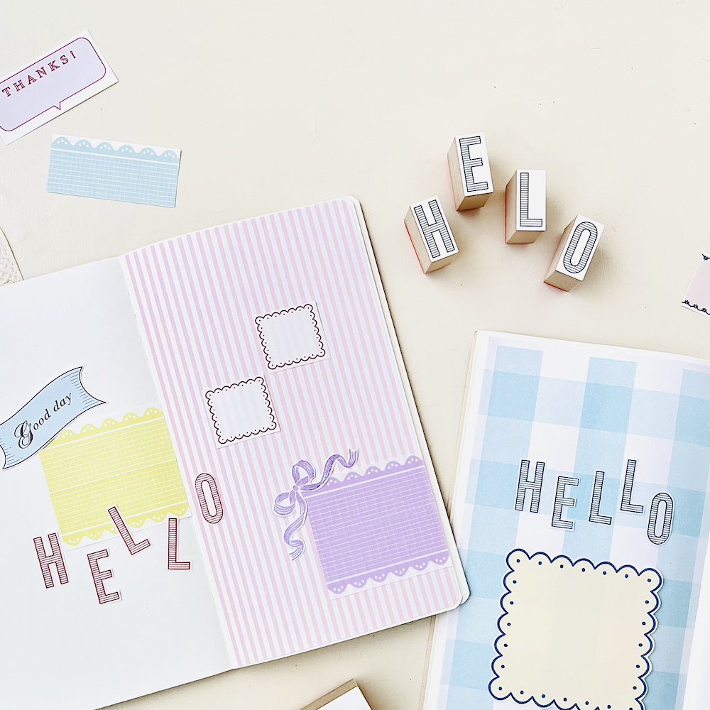 「レイアウトを楽しむスタンプ _ HELLO」 HELOの4文字セットのスタンプです。Edit your HELLO