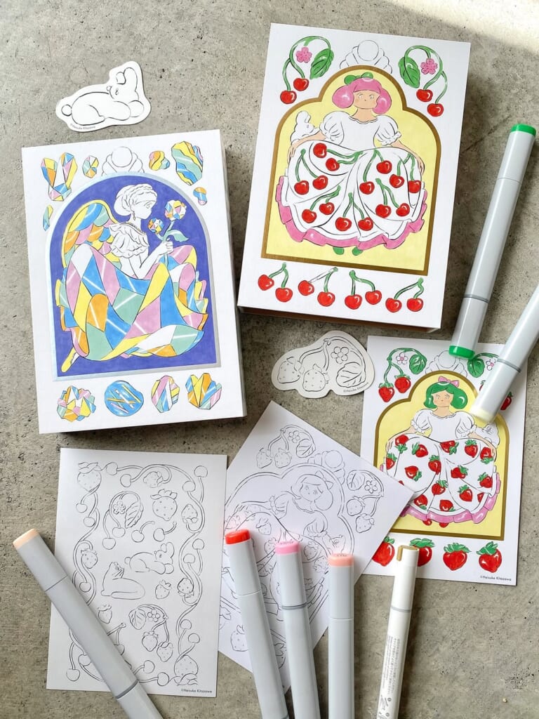 「コピックセット」北澤平祐さんがセレクトしたコピック6色に、コピックアクレア1本、書き下ろしの塗り絵とステッカーが特製ボックスに入っています。