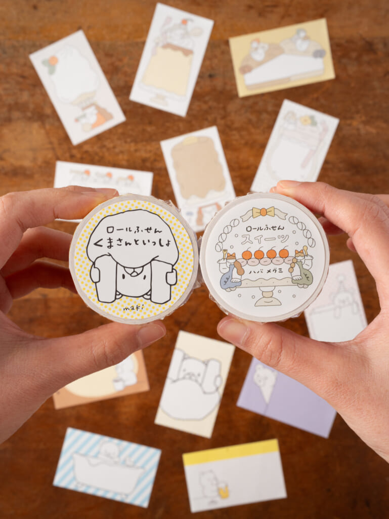 makiさんと、ハバメグミさんの「ロールふせん」。くまや、おんなのこなど、愛らしいキャラクターをギュッと詰め込みました