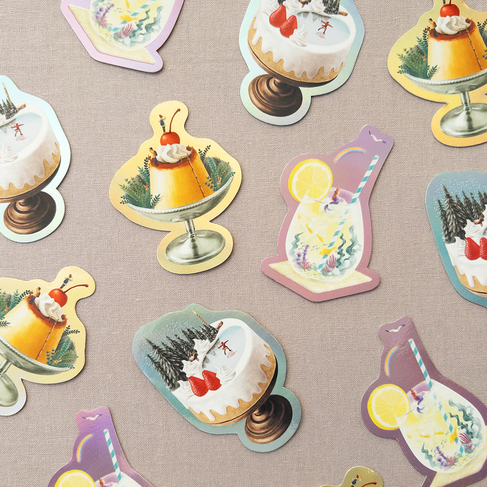 「キラキラステッカー」甘い毎日のイラストを、ホログラム紙に印刷したステッカーです。