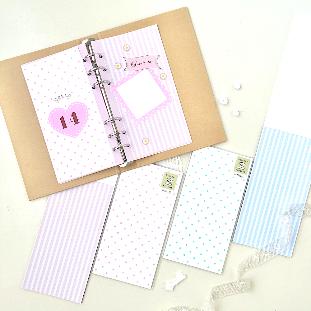 ドットとストライプ、一冊で2柄楽しめる「 デコパッド2パターン 」ピンクとミントの2色展開です。