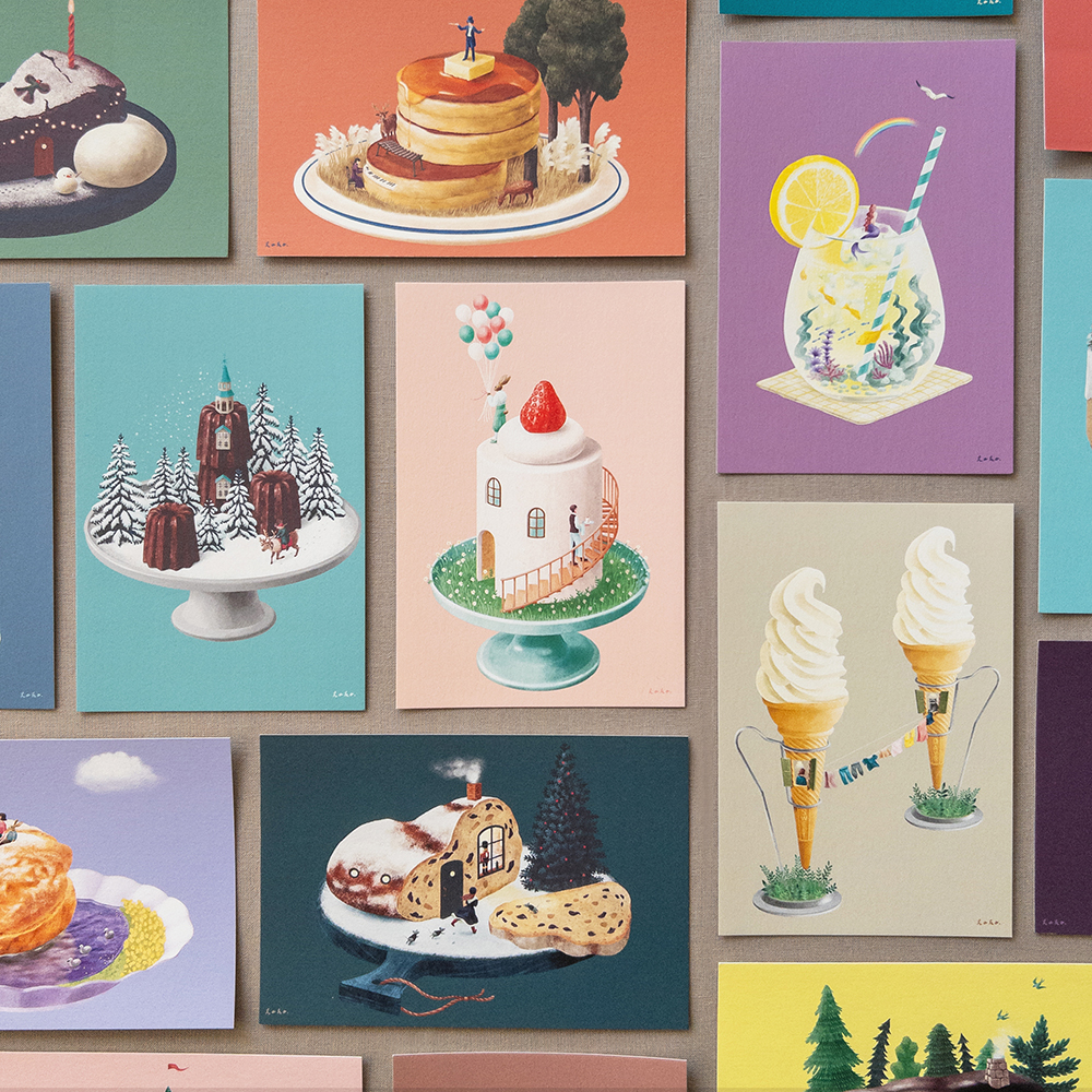 「甘い毎日ポストカード」スイーツの中に季節の風景を描いたポストカード。季節のお便りに、スイーツ好きなあの子に送ったり、インテリアとして飾っても。