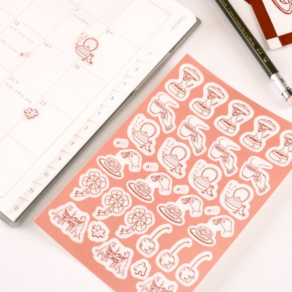 「A6 シートシール」赤い刺繍のハーフカットシール。手帳に貼りやすいミニサイズ。落ち着いたワントーンなので、ミニマルな手帳デコがお好きな方にもおすすめ。