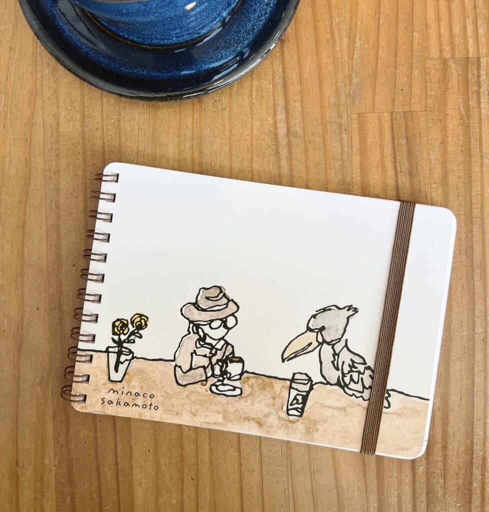 「リングノート」ハシビロコウとおじさんが珈琲タイムな柄。