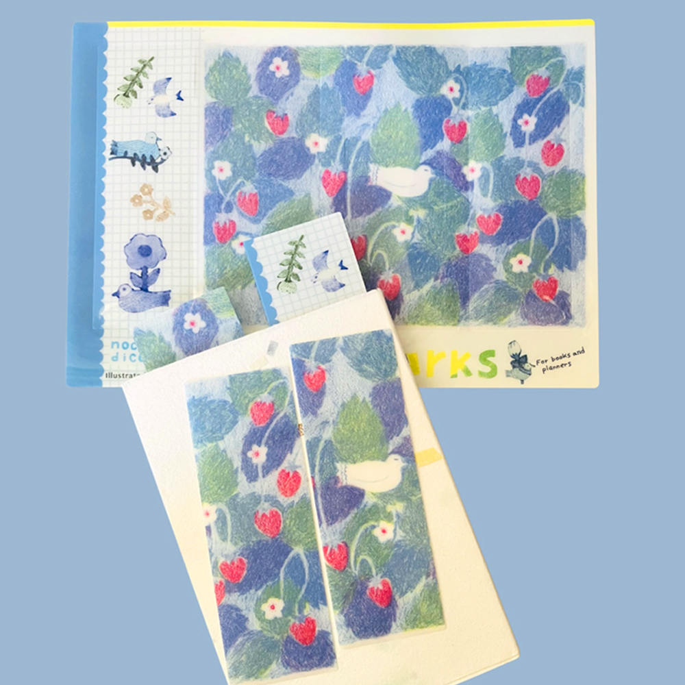 「クリアしおりセット」点線で切り離すと4枚のしおりが現れます。本や手帳にも。