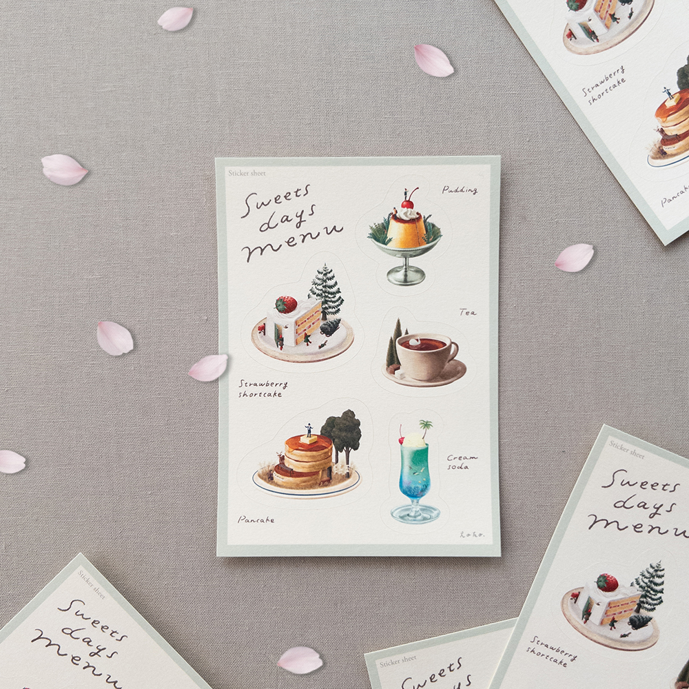 新作・シールシート。「甘い毎日」から喫茶店をイメージしたモチーフを集め、メニュー風に仕上げました。やわらかな風合いの紙を使用し、手帳にも挟みやすいB7サイズです。