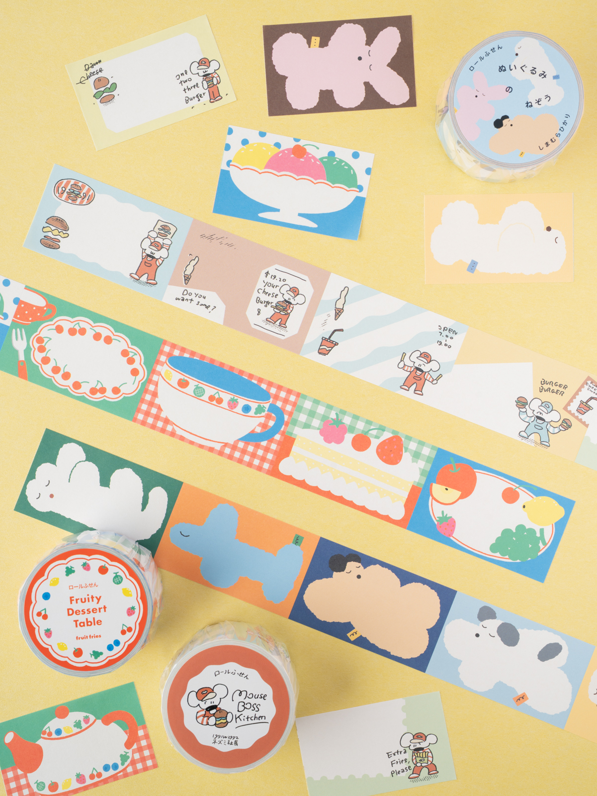 「ロールふせん」定番サイズに3柄の新作が登場。しまむらひかりさん、1991w2992 ネズミ社長さん、fruit friesさんの個性豊かなデザインが勢揃い！